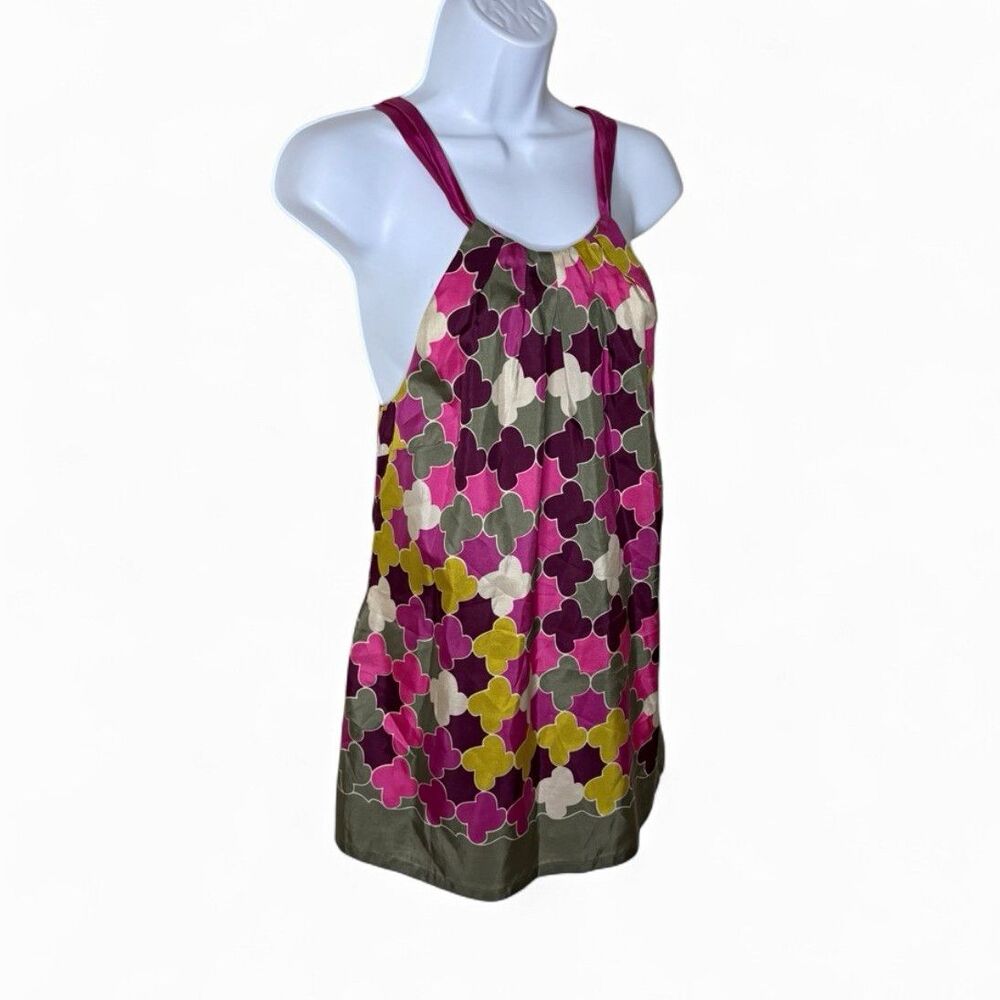 Tommy Bahama 100% Silk Pink Quatrefoil Clover Geometric Halter Bubble Top Size S